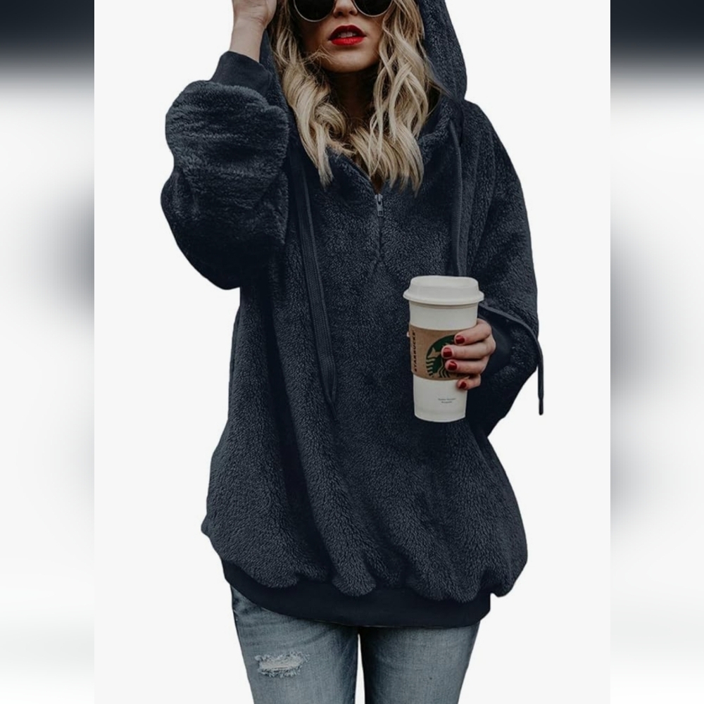 Oversized Half-zip Hoodie Fuzzy Navy Blue